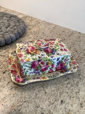 Royal Winton Antique Floral Butter Dish - Pink Yellow Purple & Green